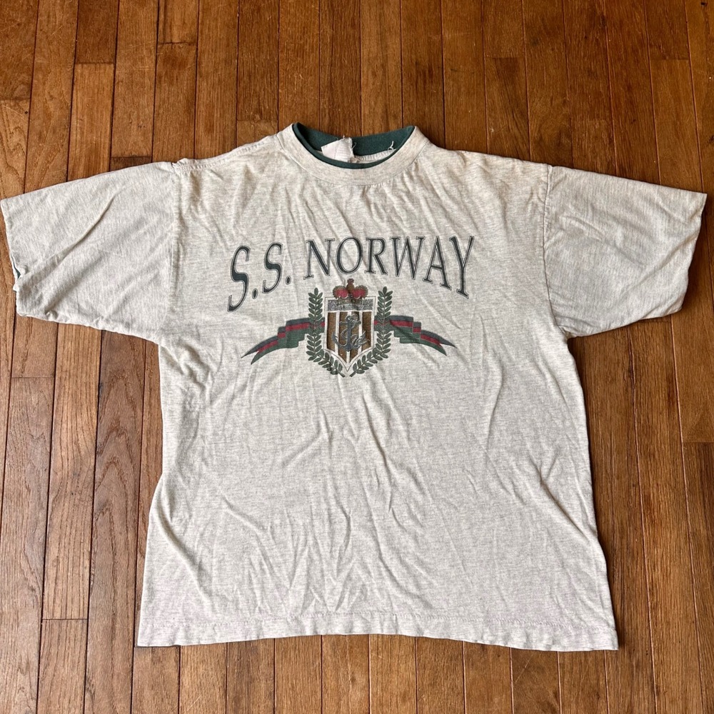 Vintage 90s SS Norway Graphic T-Shirt Mens Large Cruise Ship Heather Gray Retro